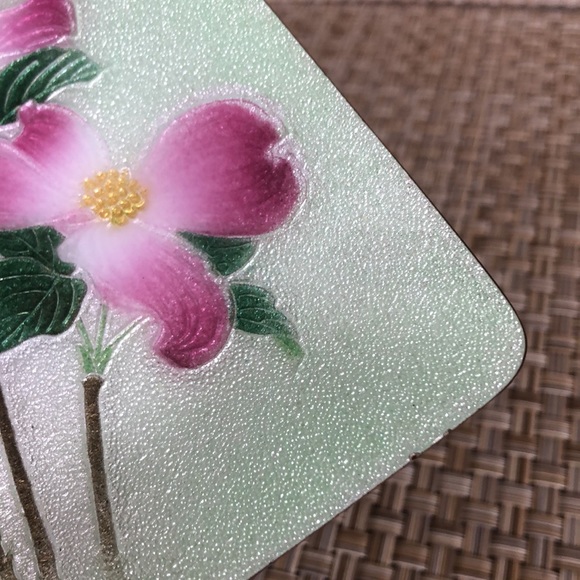 Japanese Cloisonné Enamel Pink Floral Green Background Decorative Square Plate - Picture 6 of 9